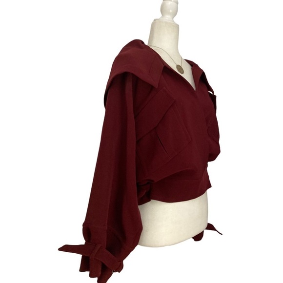 NWT Relative Pi Flap Pocket Slouchy Hooded Bomber Jacket in Mahogany Berry - Picture 3 of 12